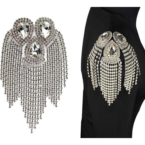 Beaded Diamond Waterdrop Design Patches Badge Crystal Motifs Fringe Tassel Rhinestones Applique for Shoulder Decorated Craft