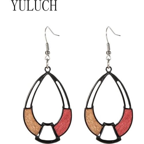 YULUCH Ladies art alloy wood drop pendant earrings girls hollow out multicolor wooden accessories women earring