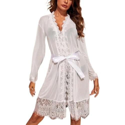 Female Sexy Thin Nightdress White Long Sleeve Deep V-neck Lace Hem Nightwear S/ M/ L/ XL/ XXL