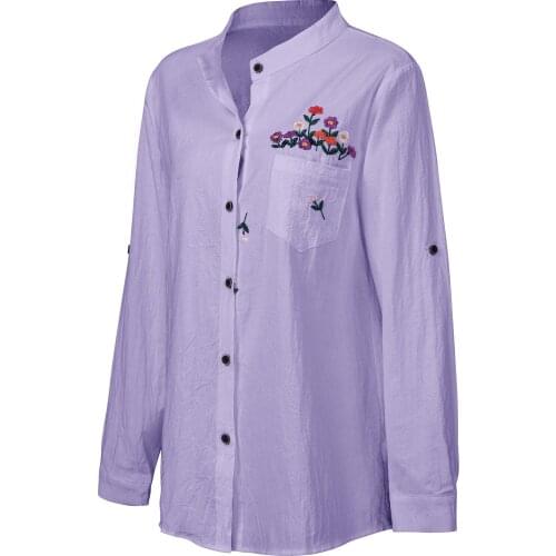 Women White Purple Floral Embroidered Blouse Buttons Long Sleeves Loose Vintage Blouse Casual Autumn Tops