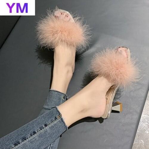Hot Women Sandals Summer 2021 Fashion Stiletto Sandals Fur Open Toe High Heel Zapatillas Mujer Casa Sapatos Femininos New 34-40