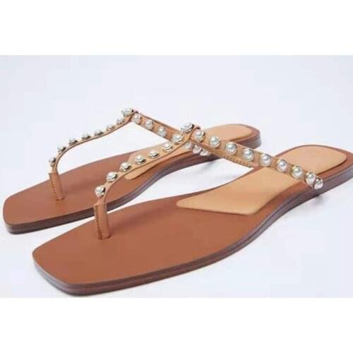 Shoes Woman 2021 Female Slippers String Bead Beige Heeled Sandals Rubber Flip Flops New Black Hawaiian Flat Summer PU Slides Bas