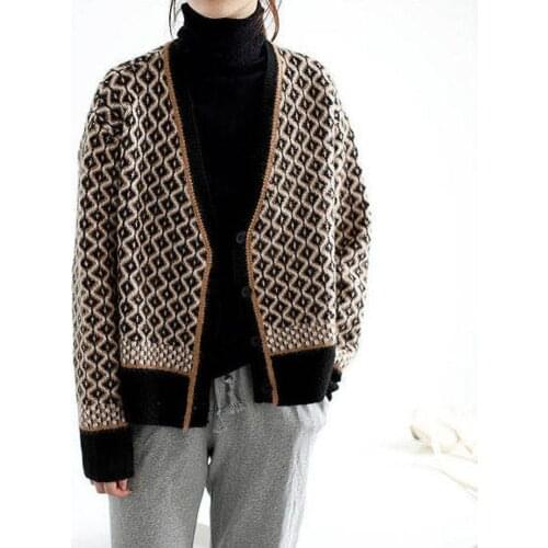 VS&LLWQ Spring Autumn Vintage Women Loose Knitwear Argyle Pattern Long Sleeve V-neck Button Down Cardigan Classic One Size