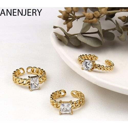 ANENJERY 925 Sterling Silver Chain-shaped Square Zircon Ring for Women Elegance Personality Open Ring Jewelry Gift S-R1027