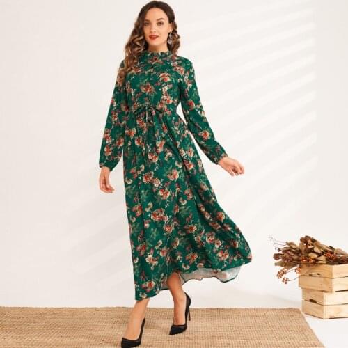 Nice Summer New Dress Women Green Fashion Elegant Floral Print Sashes Slim-fitted Stand-up Collar Buttons Long Sleeve Maxi Robes