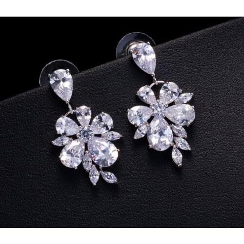 100% CZ Crystal Flower Design Drop Earrings For Women Fashion Party Jewelry stone earrings