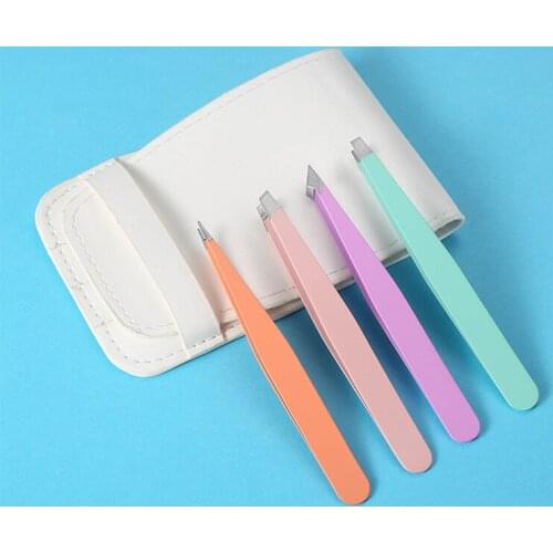 4 Pcs Black/Gold Eyebrow Tweezer Hair Beauty Slanted Puller Stainless Steel Eye Brow Clips Hair Removal Makeup Tools with Bag