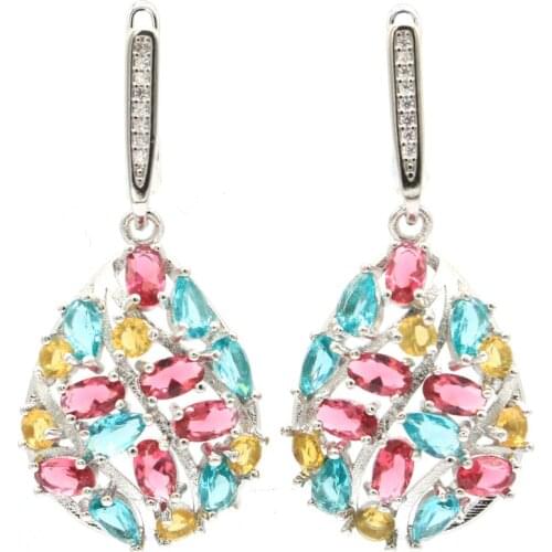 43x18mm Multi Color 6.5g Rhodolite Garnet Aquamarine Citrine Tanzanite Sister Daily Wear 925 Sterling Silver Earrings