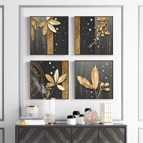 Abstract Luxury Canvas Poster Golden Black Plant Leaves Wall Art Painting Nordic Print Wall Pictures for Living room Home Decor