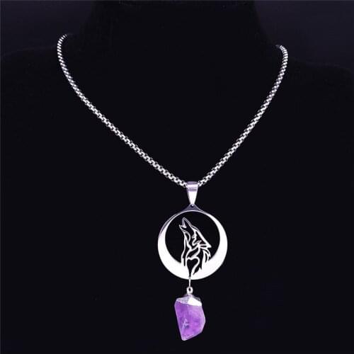 Moon Wolf Natural Purple Crystal Stainless Steel Necklace Silver Color Necklace Pendant Women/Men Jewelry cadenas mujer NXH28S02