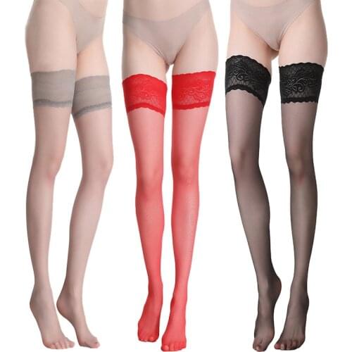 Womens Sexy Stocking Sheer Silica gel Lace Top Thigh High Stockings Nets for Women Stockings Black White Red Gray Coffee Khaki