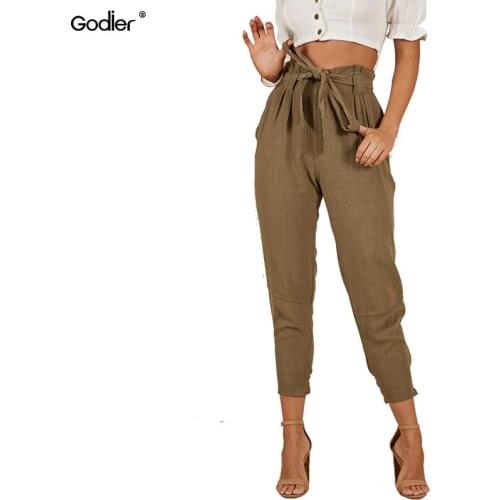 Godier Girl Lace Up Women Tight Leg Pants Summer Casual High Waist Long Trousers Pleated Pant Regular Female Streetwear Trouser