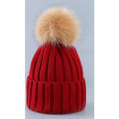Cute Winter Mom Women Baby Kids Crochet Knitted Hat Caps Children Girl Boy Wool Fur Bobble Ball Pompom Beanies Hats