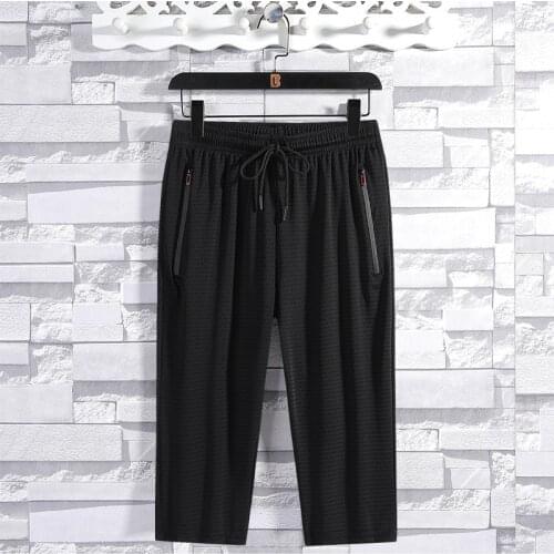 2021 Summer Mens Pants Breathable High Waist Loose Mesh Casual Thin 7 Point Sweatpants Men Ice Silk Fabric Trouser Plus Size
