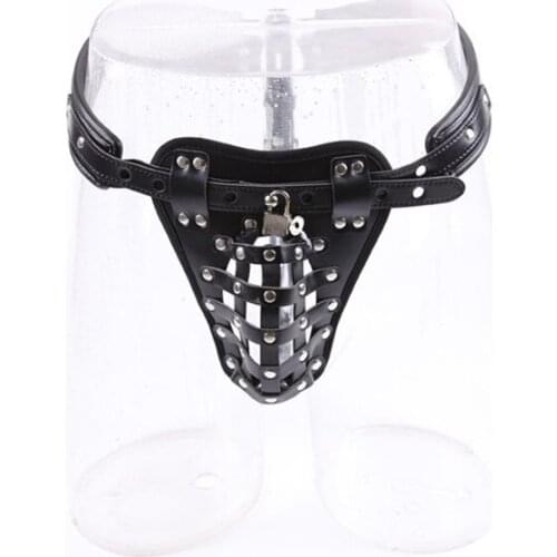 Male Underwear Sissy Penis Chastity Cage Panties Fetish Men Leather Locking Bondage G String Crotchless Gay Panties for BDSM Sex
