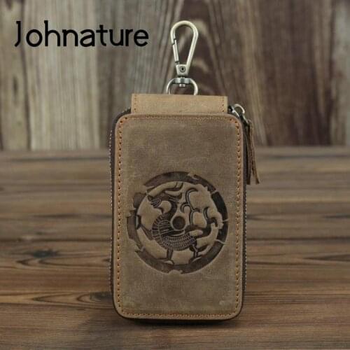 Johnature 2020 New Men Genuine Leather Beast Totem Key Holder Retro Crazy Horse Leather Wallet Keys Leisure Car Key Bag