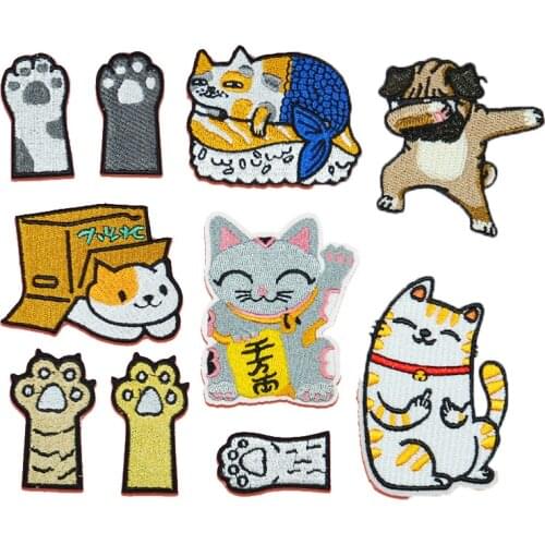 Japanese Movie Style Cat Dog Pattern Animals Embroidered Patches Iron Sewing on Patches for Clothes Bag Jacket Decoration
