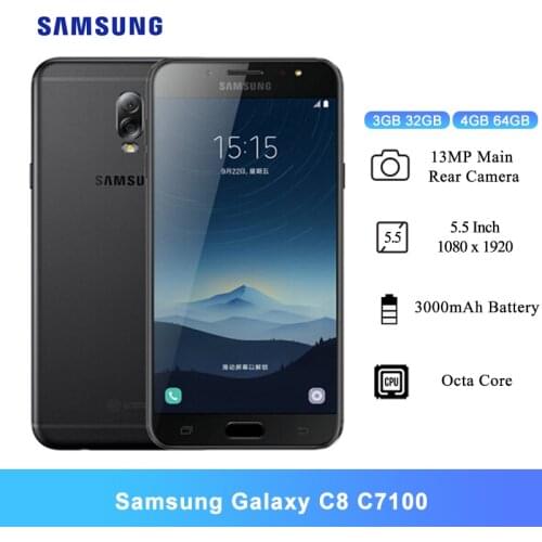 Original Samsung Galaxy C8 (SM-C7100) Super AMOLED FHD 3GB/4GB RAM 16MP Front Camera Dual SIM Octa Core Lte 4G Mobile Phone