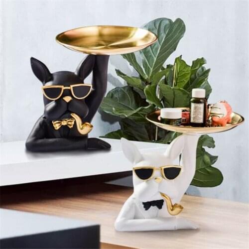 19cm Nordic Modern Luxury Bulldog Statue Tray Living Room Creative Resin Decorative Ornament Jewelry Key Storage Tray Home Decor