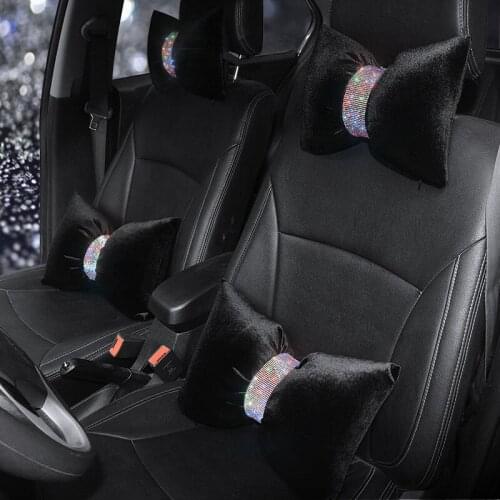 Bow-knot Car Headrest Plush Neck Pillow Lovely Hot Drill Diamond Auto Seat Waist Lumbar Support Black Cushion Rest Pillows Set