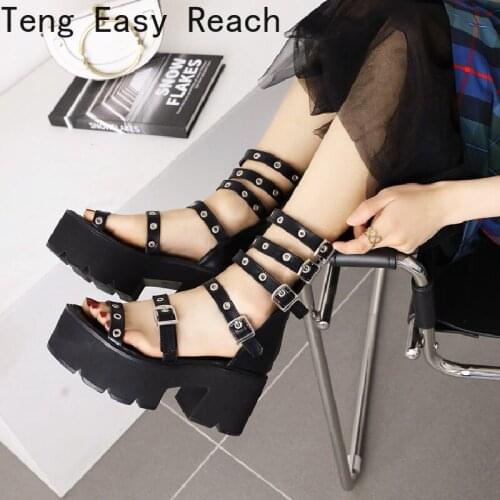 Fashion Platform zipper sandals Open Toe Black Hasp Women Summer Shoes Sexy Rivets Thick Heels Footwear Large size 44