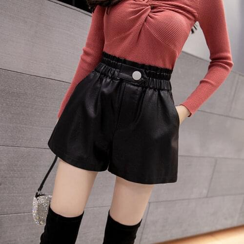Shorts Women One Button Leather Shorts Womens Autumn And Winter Elastic Waist Loose Leather Pants Pants Ropa Mujer