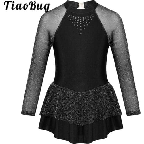 TiaoBug Kids Shiny Rhinestone Long Sleeves Mock Neck Ballet Gymnastics Leotard Girls Figure Skating Dress Children Dance Costume