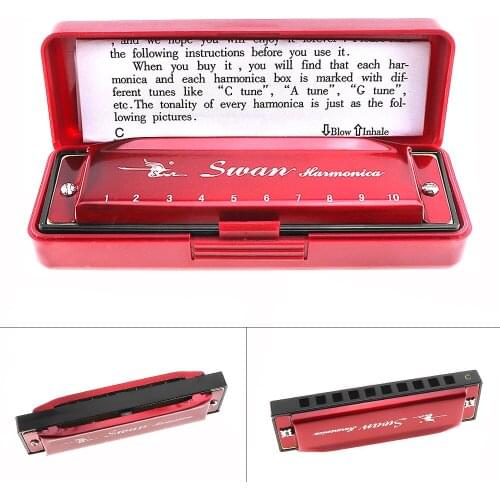 Tone C Key 10 Holes Red Harmonica Diatonic Blues Harp Mouth Organ Reed Musical Instrument Stainless Steel for Beginner