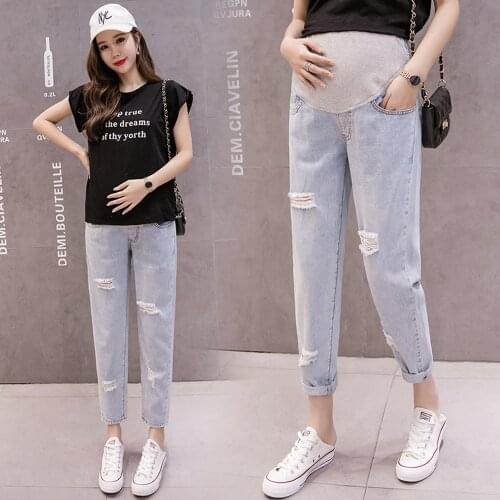 Spring and summer thin denim pregnant women jeans eight-quarter jeans daddy pants maternity clothes