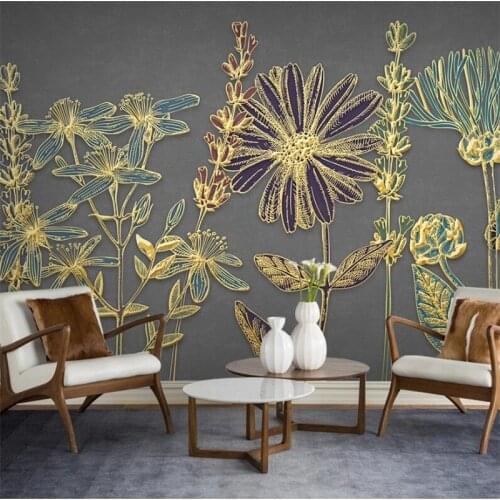 Wellyu Customized large mural modern minimalist golden embossed lines plant flowers light luxury TV sofa background wallpaper