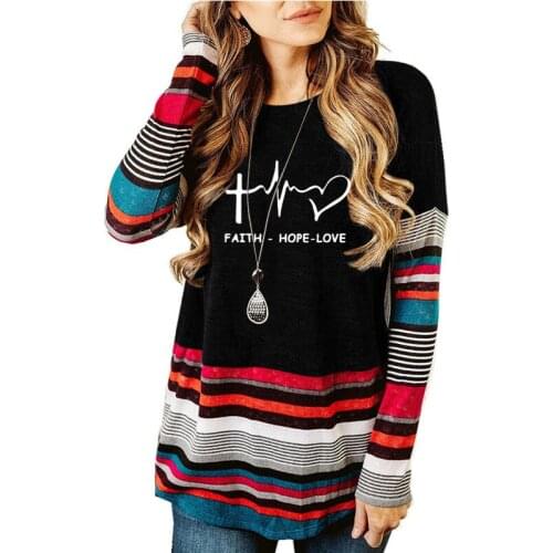 Faith Hope Love print T-shirt long sleeve striped crew neck T-shirt sweater large womens tops