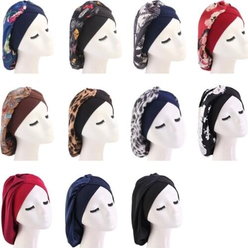 Women Imitation Silk Satin Bonnet Sleep Cap Cross Front Elastic Wide Band Turban Head Cover Vintage Floral Print Large Hat