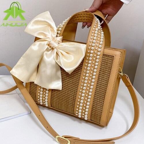Ladies Straw Handbag Summer Bohemian Beach Bag Fashion Pearl Crossbody Bags Ribbon Design High Capacity Shoulder Messenger Bag