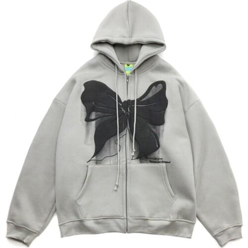 Men Hooded Jackets Hip Hop Bow Print Zipper Long Sleeve Hoodies Coats Streetwear Harajuku Casual Loose Sweatshirts Couples Tops