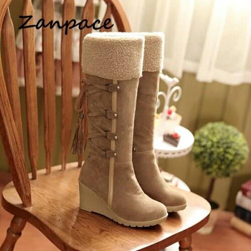 2020 Large Size 43 Winter Snow Boots Wedges Keep Warm Shoes for Women Tassel High Heel Boots Cotton-padded Knee High Women Shoes