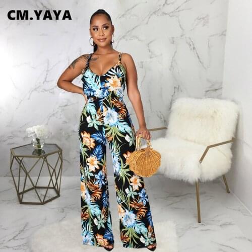 CM.YAYA Women Jumpsuit Pritn Sleeveless Strap V-neck Wide Leg Loose Jumpsuits Sexy Fashion One Piece Overalls Summer Outfit 2021