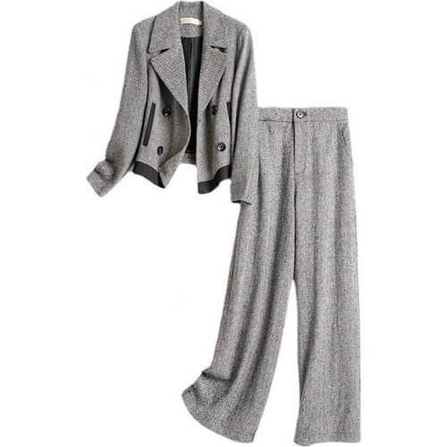 New Women Blazer Two Piece Sets Long Sleeve Blazer Coat Tops Straight Leg Pants Office Lady Plaid Woolen Two Piece Set Suit