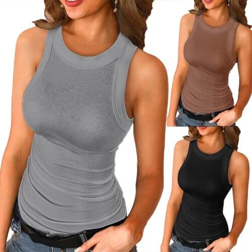 Women Casual Solid Color Sleeveless O Neck Ribbed Vest Bottoming Tops 2021 Summer Ladies Plus Size Corset Top Gary Tank top New