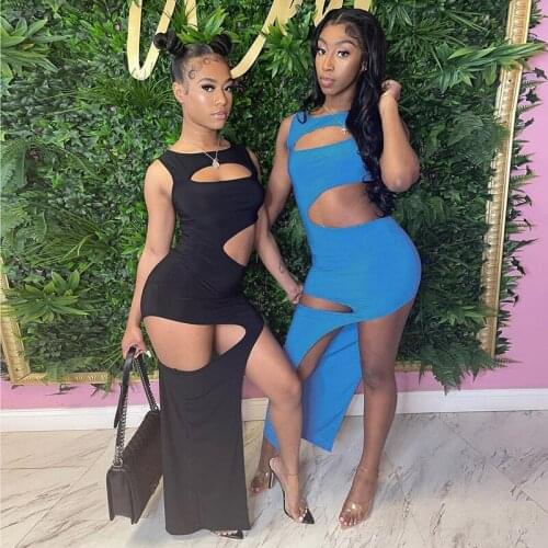 Hollow Out Women Long Maxi Dress Solid Sleeveless 2021 Autumn new Workout Activewear Sexy High Slit Night Club Party Vestidos