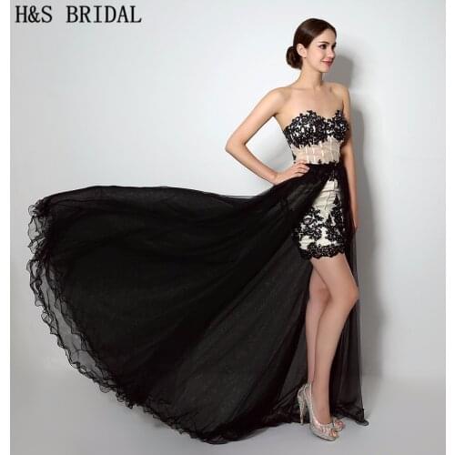 H&S BRIDAL Sweetheart Lace Applique Beaded 2 piece prom dresses Detachable Train two piece Short prom dress Black Evening Gown