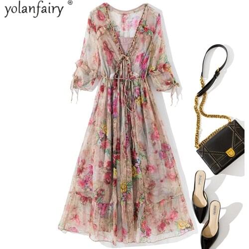 2021 Fashion 100% Real Silk Dress Women Summer Beach Floral Ladies Dresses Elegant Midi Boho Woman Dress Vestido De Mulher