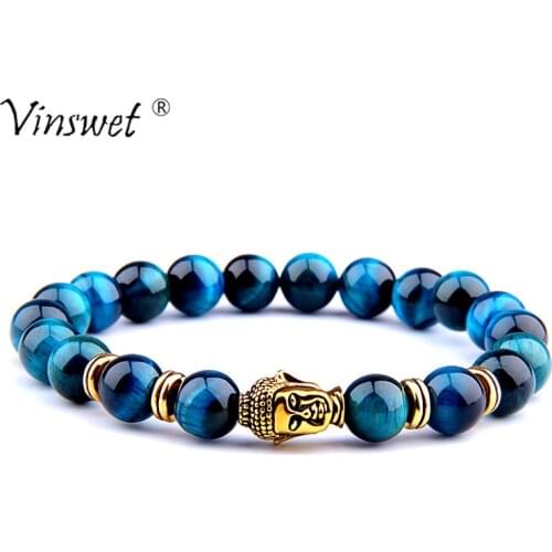 Fashion Natural AAA Royal Blue Tiger Eye Stone Beads Bracelet Men Buddha Charm Bracelets Stretch Pulsera Women Jewelry