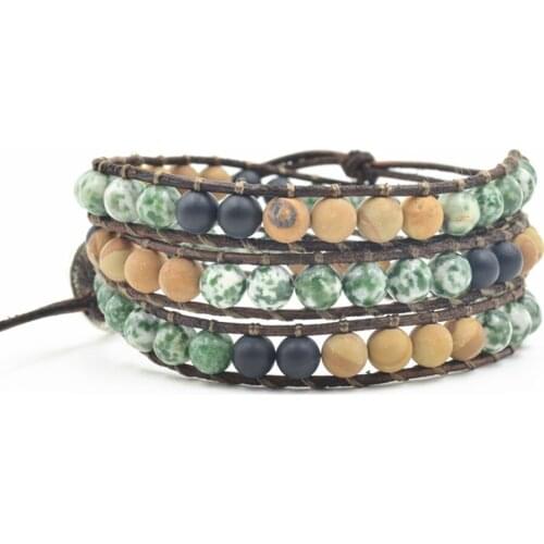 Green Dalmatian Stone Wrap Bracelets Men Boho 3Layers Natural Stone Black Onyx Beaded Womens Bracelet Female Jewelry Dropship