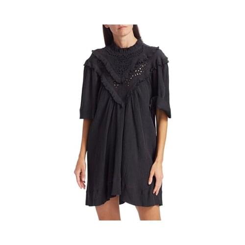 Black white Ruffled hollow stand-up collar cotton yarn pleated dress French retro court crepe dress