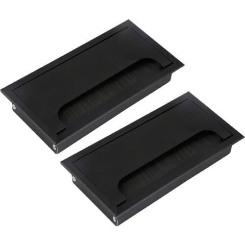 Black Aluminum Alloy L 160mm Table Desk Rectangle Wire Cable Grommet Hole Cover Outlet Port with Black Brush