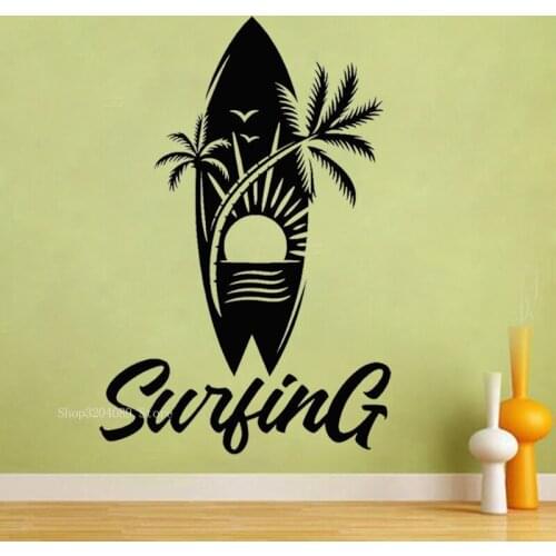Surf Surfing Board Palm Beach Sun Pattern Wall Decal Vinyl Creative Water Sports Teen Room Sporter Room Removable Decor CN433