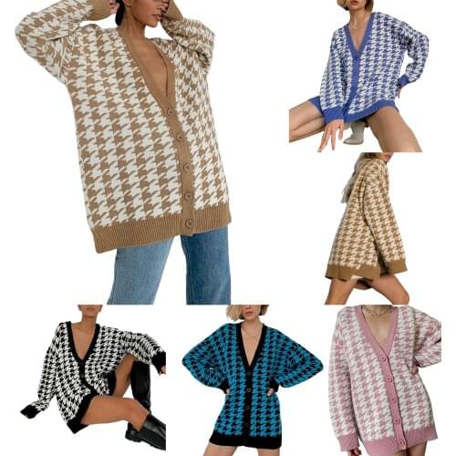 Breathable Girls Long Sleeves Knitwear, Ladies Houndstooth V-neck Loose Single-breasted Knitted Coat Casual Women Cardigan