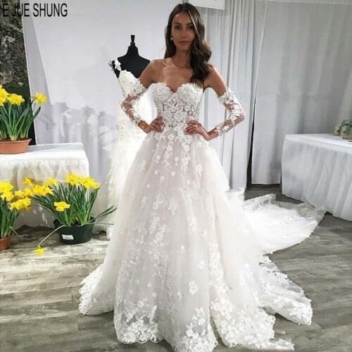 E JUE SHUNG Summer Wedding Dresses with Long Sleeves Sweetheart Full Lace Appliques Open Back Wedding Gowns vestido de noiva