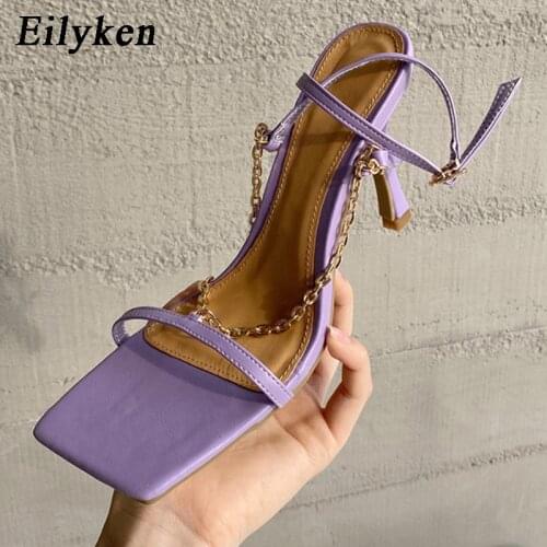 Eilyken Fashion Metal Chain Design Ankle Buckle Strap Women Sandals Thin High Heels 2021 Summer New Square Toe Party Dress Shoes