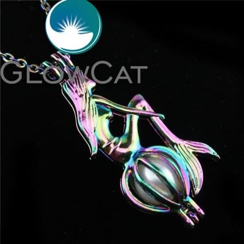 GLOWCAT R-C242 Rainbow Colors Mermaid Beads Cage Pendant Perfume Diffuser Aromatherapy Pearl Cage Locket Necklace
